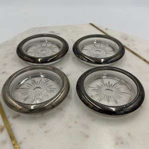 Vintage Leonard Italy Crystal And Silver Plate Coaster / Ashtray Set Of 4
